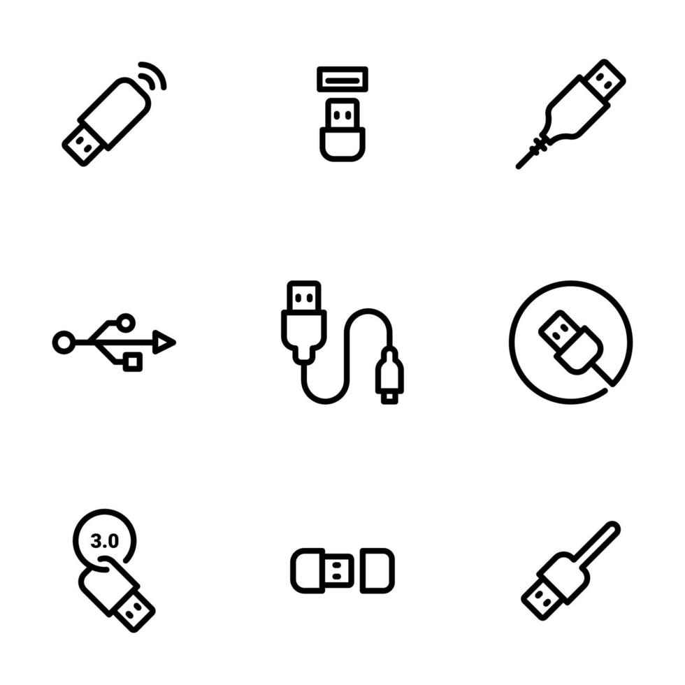 Set of black vector icons, isolated on white background, on theme Usb