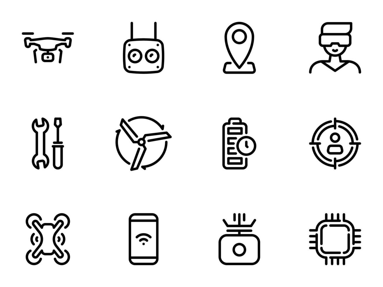 Set of black vector icons, isolated on white background, on theme Drone, for entertainment and competitions