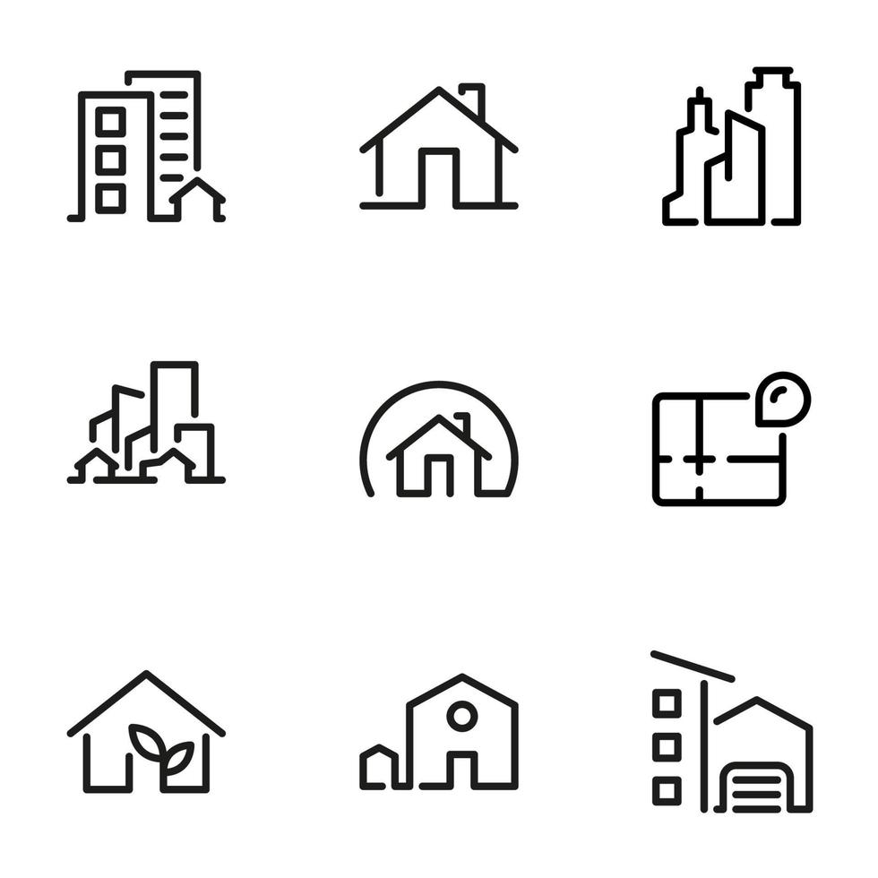 conjunto de iconos vectoriales negros, aislados en fondo blanco, en casa temática, apartamento, oficina, rascacielos vector