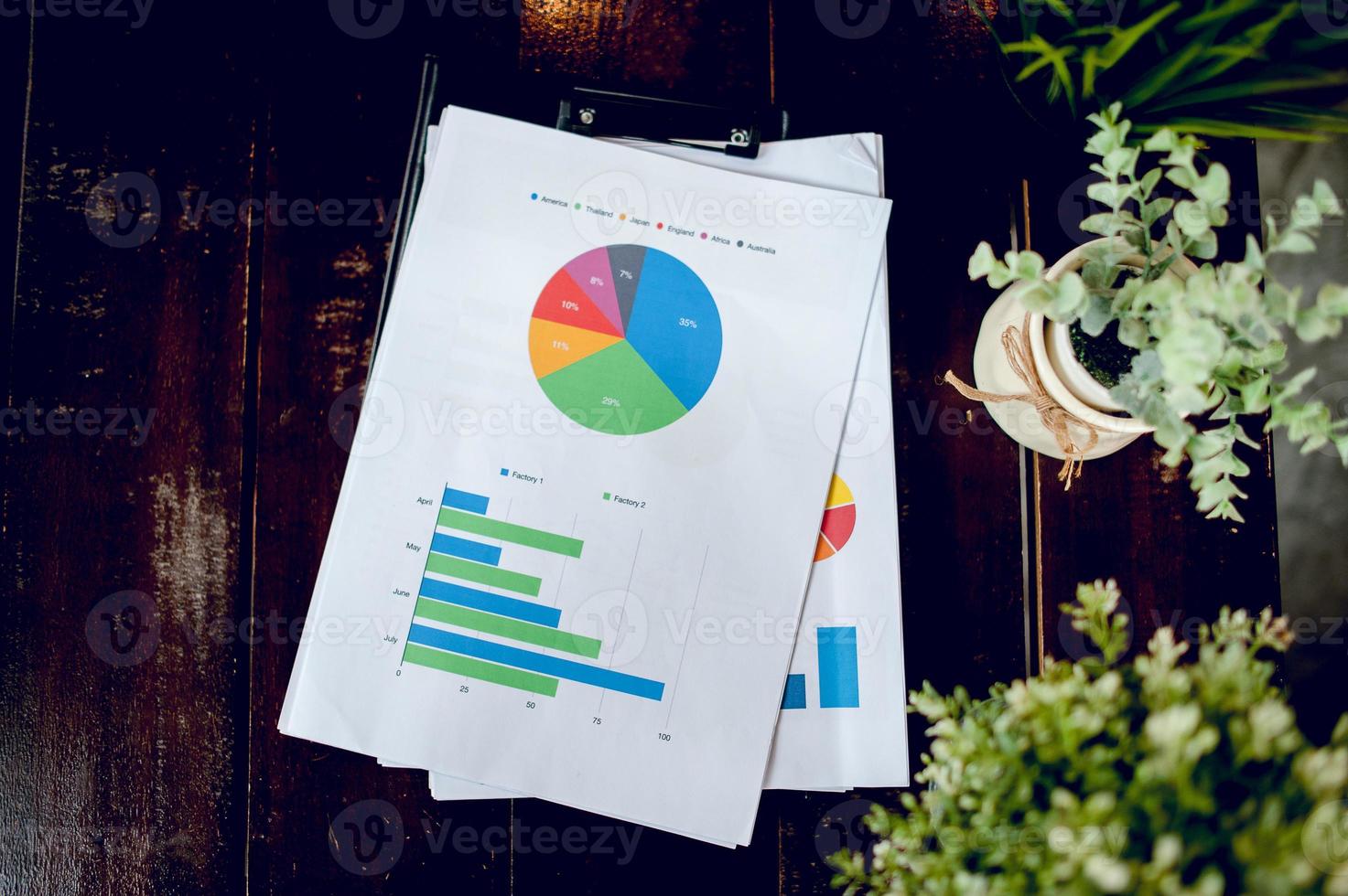 Business desk with business notebook, graph paper, pen on desk, top view with copy space. photo