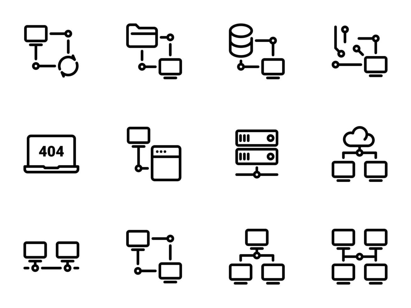 conjunto de iconos de vector negro, aislado sobre fondo blanco. ilustración en un servidor temático, almacenamiento y actualización de datos