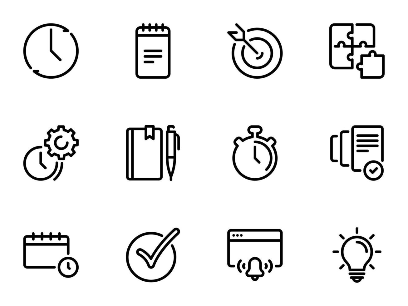 Set of black vector icons, isolated on white background, on theme Time management and personal tracking tools