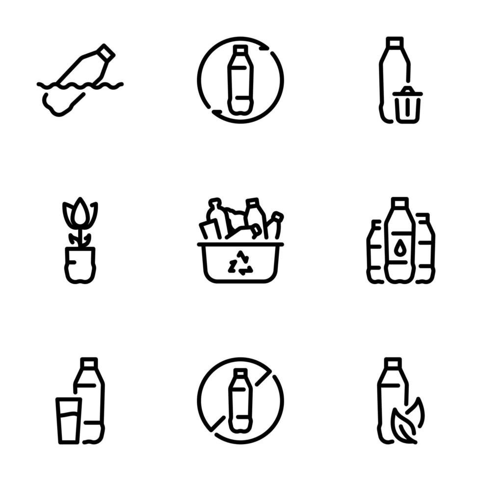 Set of black vector icons, isolated on white background, on theme Plastic, modern environmental problem