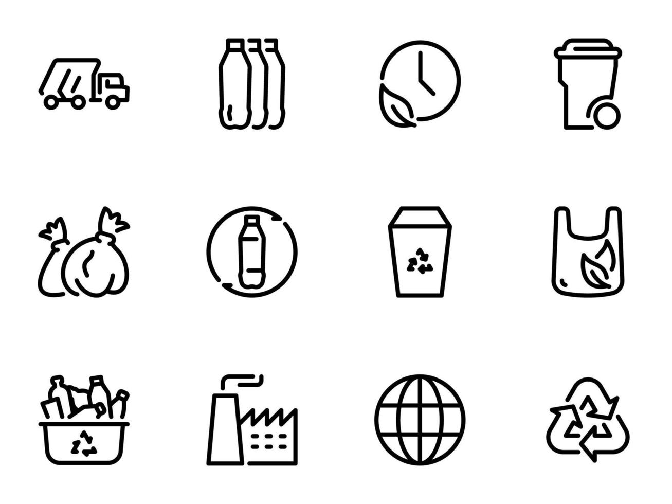 Set of black vector icons, isolated on white background, on theme Recycling and recycling of plastic waste