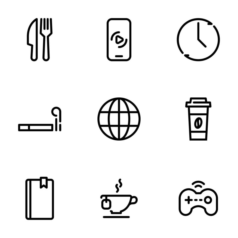 Set of black vector icons, isolated on white background, on theme Rest, break, entertainment