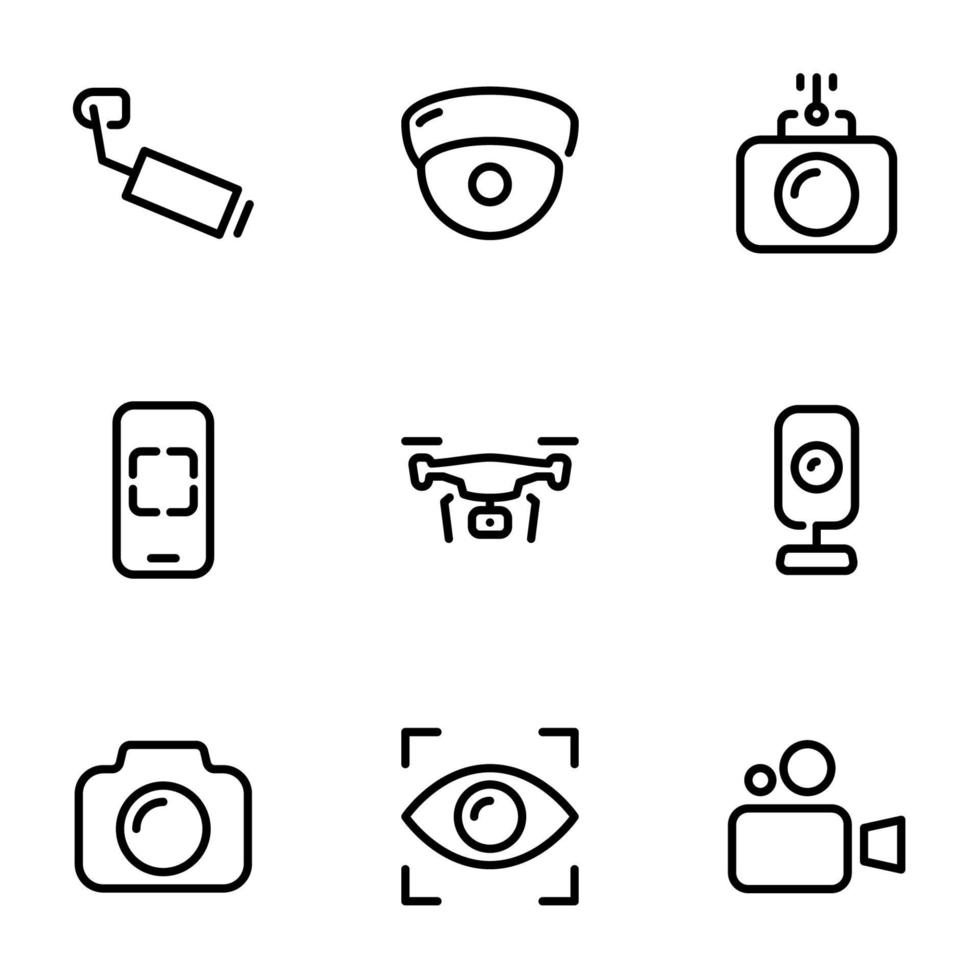 conjunto de iconos vectoriales negros, aislados en fondo blanco, en la cámara cctv temática vector