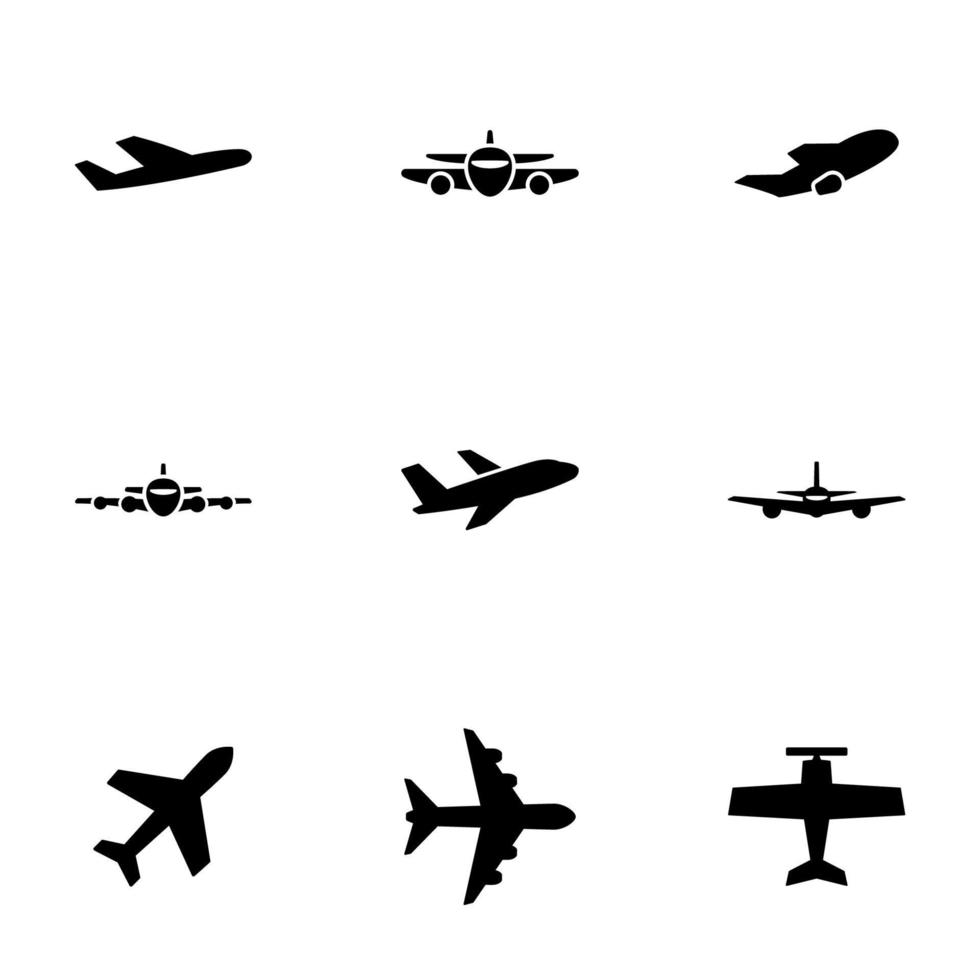 conjunto de iconos negros aislados en fondo blanco, en aviones temáticos vector