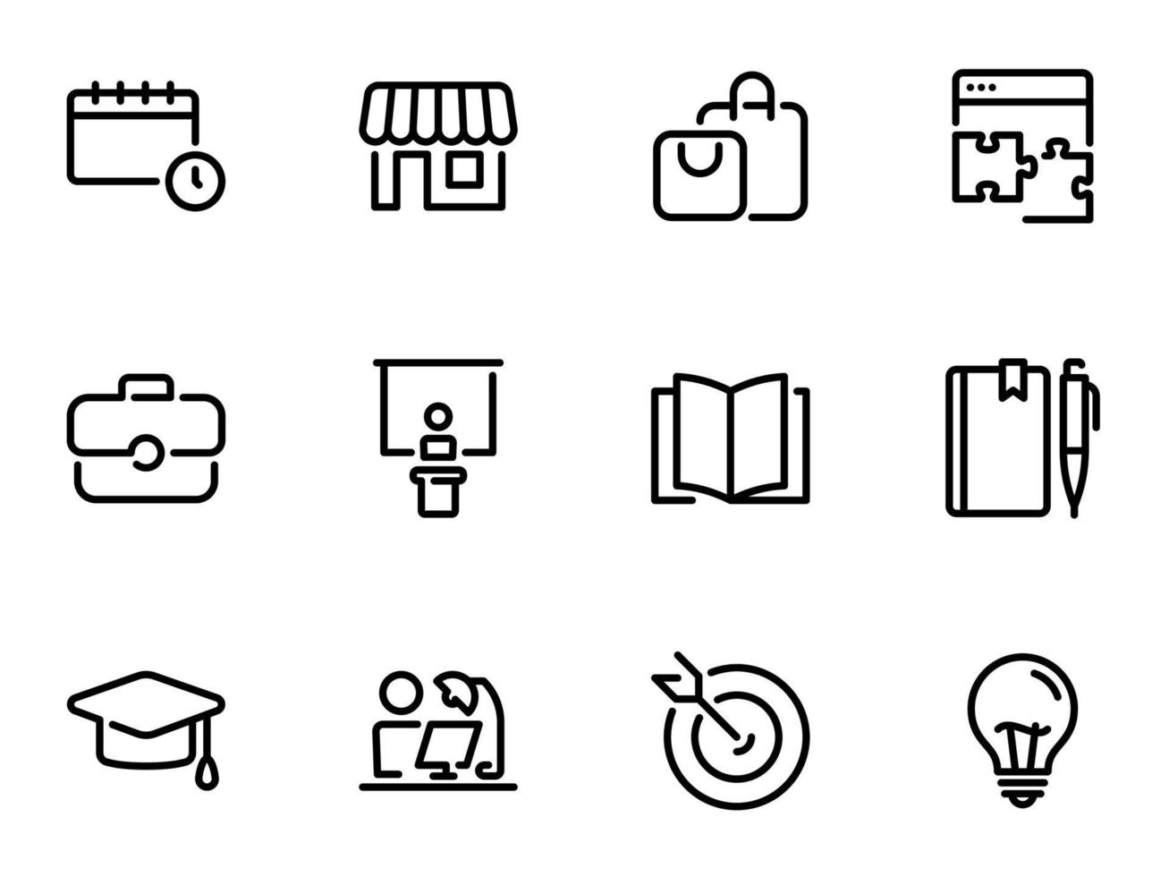 Set of black vector icons, isolated against white background. Illustration on a theme Shopping and preparation for study. Choice of profession and purpose in life