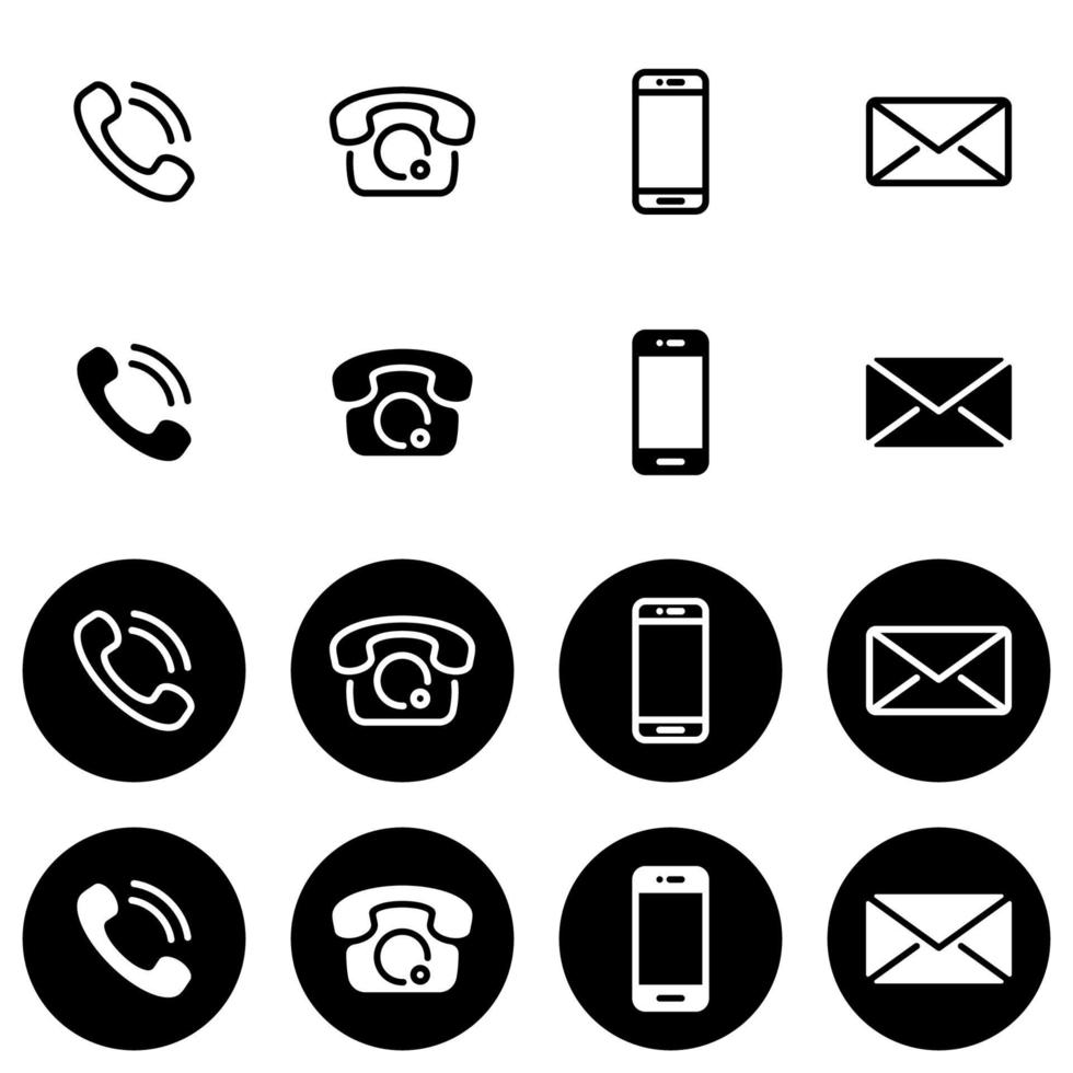 Set of black and white vector icons, different styles on a black and white background. Collection of basic phones and their functions