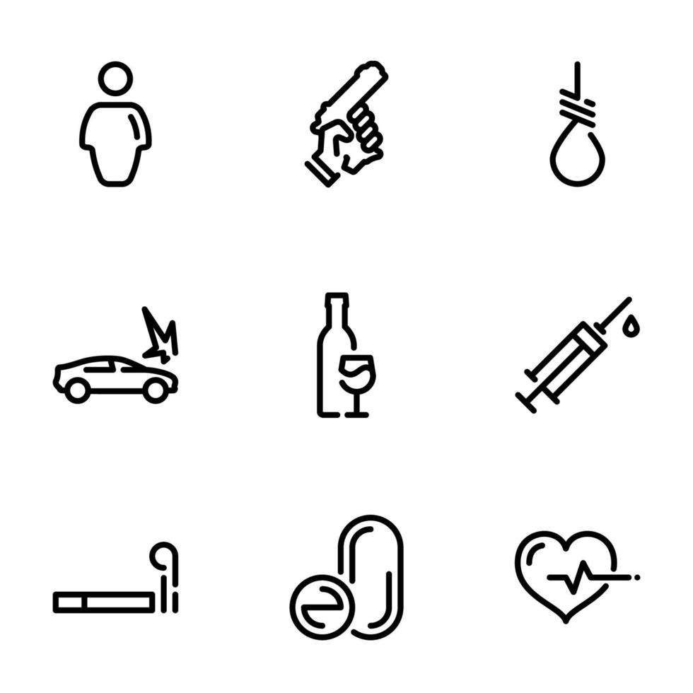 Set of black vector icons, isolated against white background. Illustration on a theme Causes of death