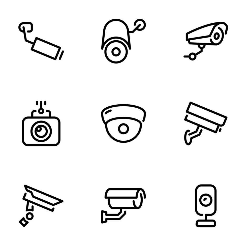 conjunto de iconos vectoriales negros, aislados en fondo blanco, en la cámara cctv temática vector