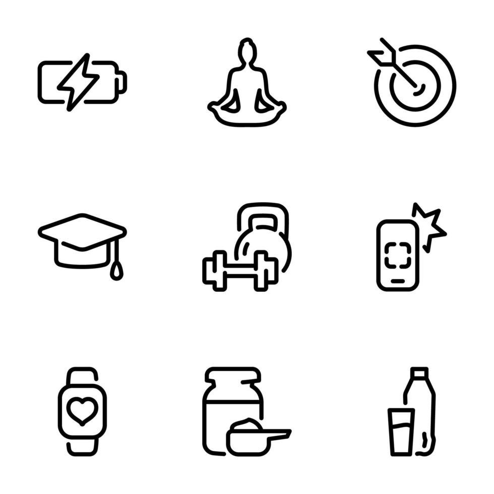 Set of black vector icons, isolated on white background, on theme Fitness, Training