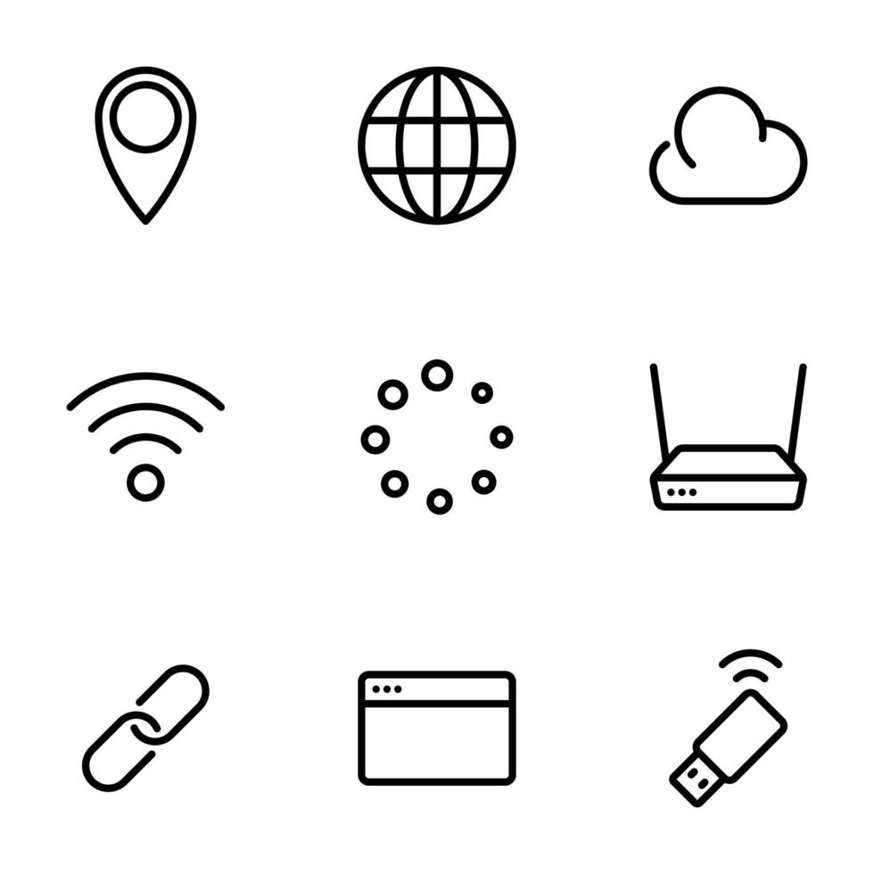 conjunto de iconos vectoriales negros, aislados en fondo blanco, en el tema de la comunicación por Internet vector