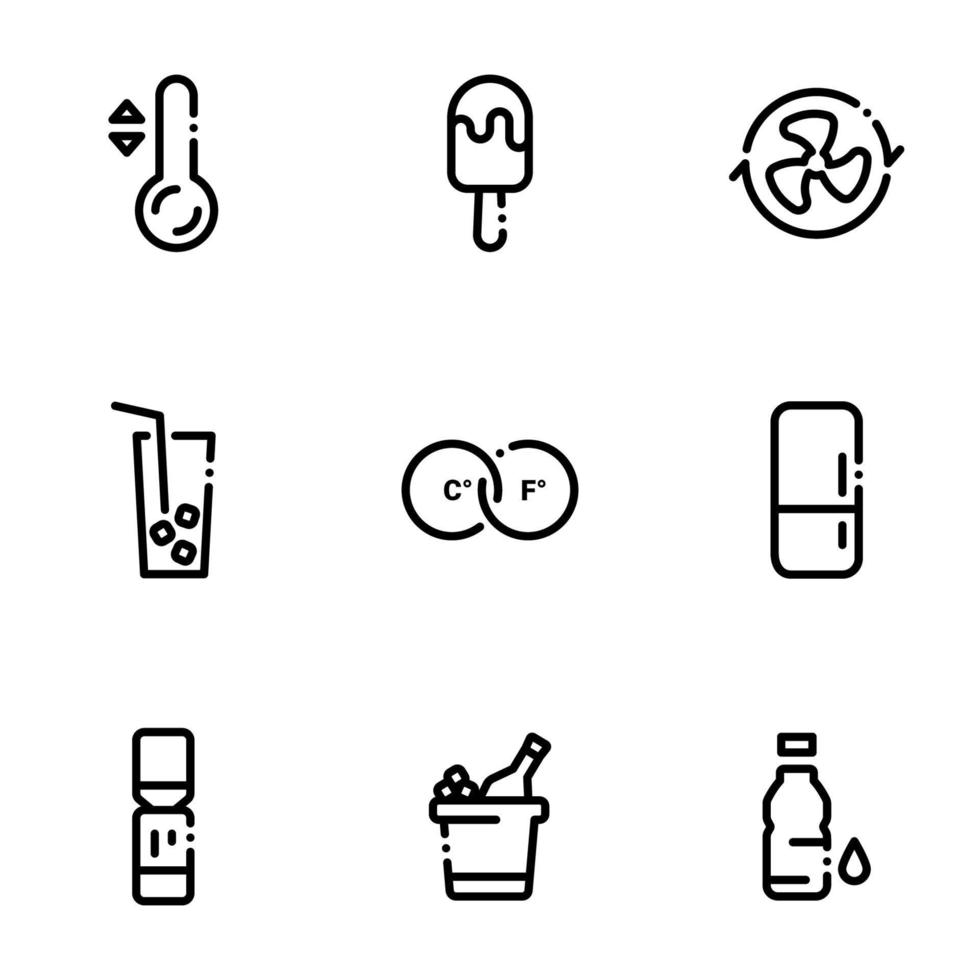 conjunto de iconos negros aislados en fondo blanco, sobre bebidas frías temáticas, helados y sistemas de refrigeración vector