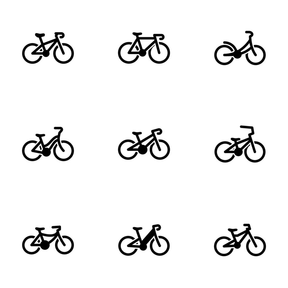 conjunto de iconos negros aislados en fondo blanco, en bicicleta temática vector
