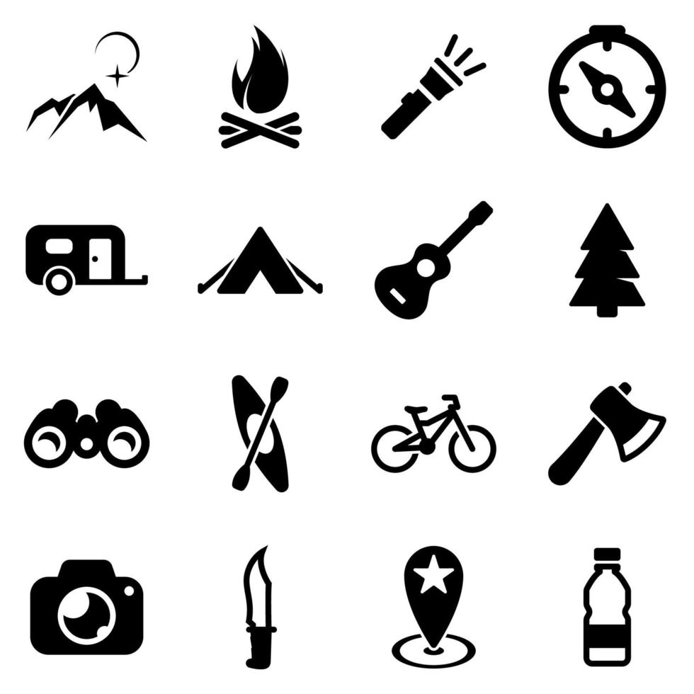 Set of black icons isolated on white background, on theme Camping vector
