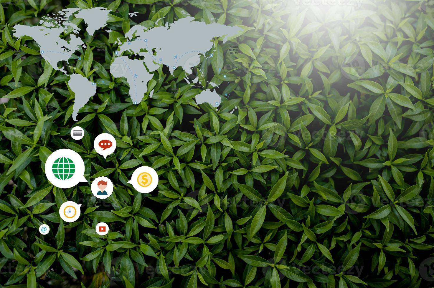 Creative style made of flowers and leaves with notes lying flat on the concept of nature. And technology. Get involved And to do business online. photo