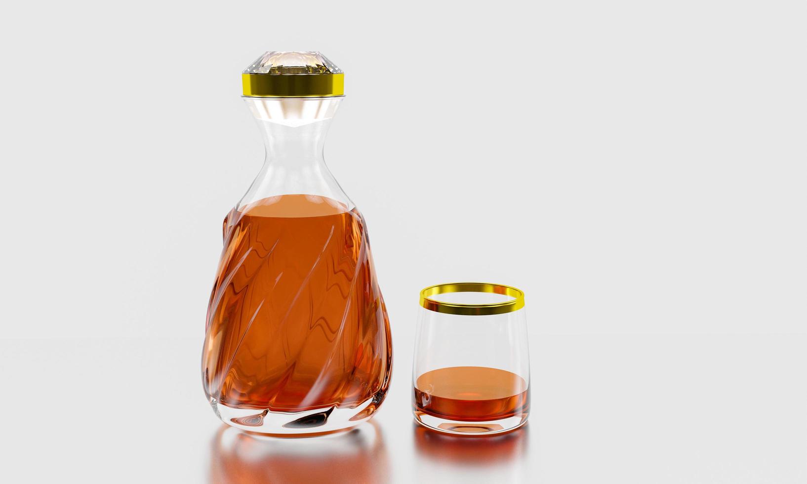 botella de licor de lujo o botella de whisky, tapa en forma de diamante con una franja dorada, y una botella llena de bebida en un vaso de whisky transparente con licor en el vaso. representación 3d foto