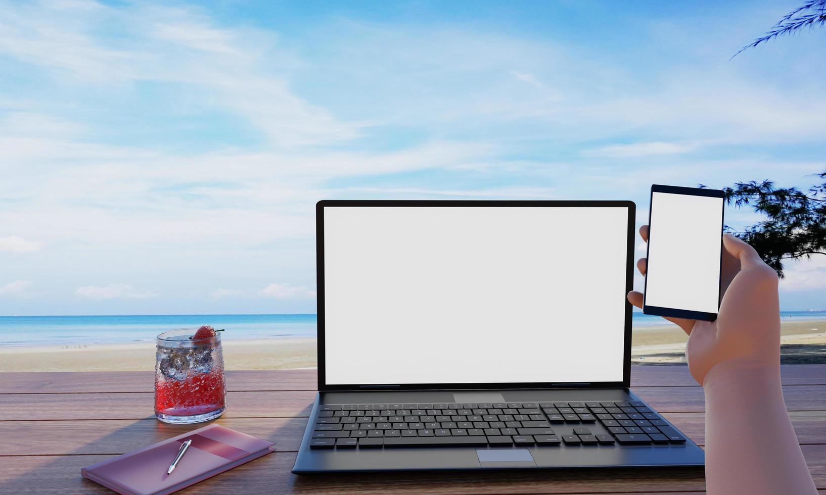 A computer or laptop placed on a wooden table, a smartphone in the hands of a person. The screen is blank white. Sea and beach background. Work Out, Beach Vacation, 3D Rendering photo