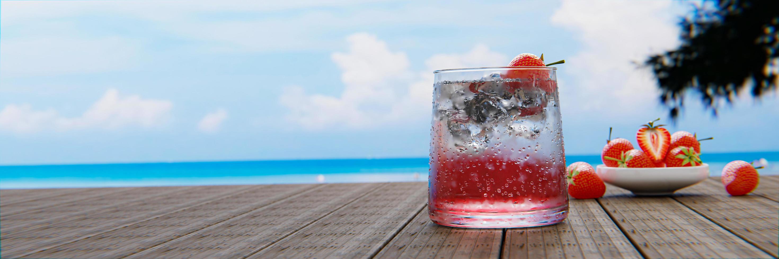 el néctar de fresas sin alcohol con soda no mezcla alcohol. las fresas frescas en una taza de cerámica están en el desenfoque de fondo colocadas en una mesa de madera. el restaurante en la playa y el mar. foto