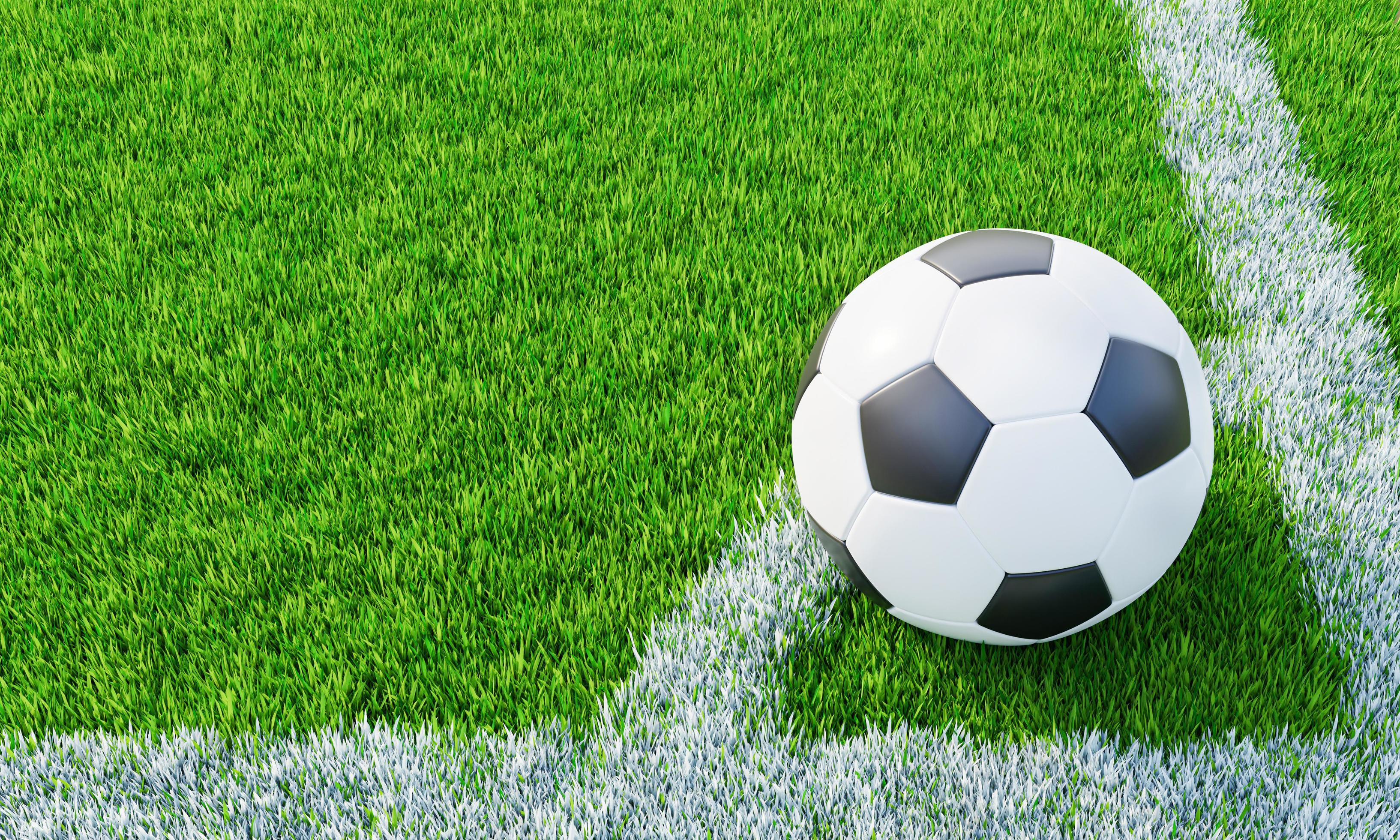 Lawn or soccer field with thick, soft green grass. A standard patterned  soccer ball placed for corner kicks. Top view Football field. Background or  Wallpaper. 3D lawn. 3D Rendering. 6661776 Stock Photo