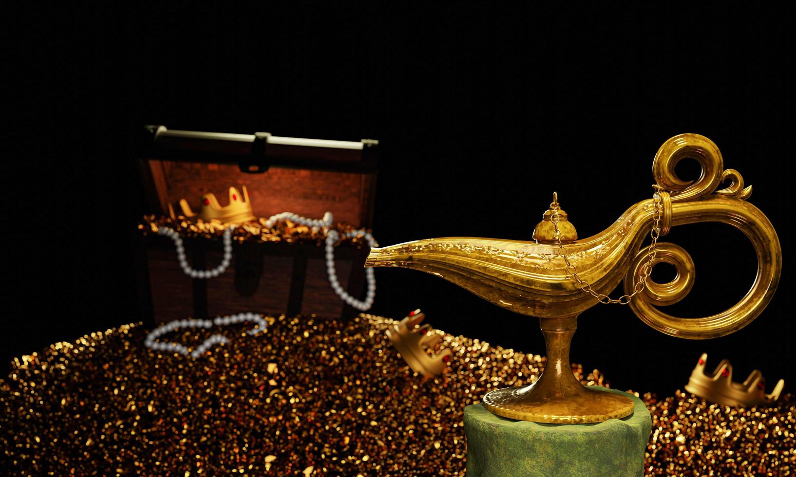 Fantasy genie lamp, gold, placed on a pedestal. Treasure pile with gold coins and pearl necklaces. and a golden crown. A vintage style lantern with gold traces of moss placed on the altar. photo