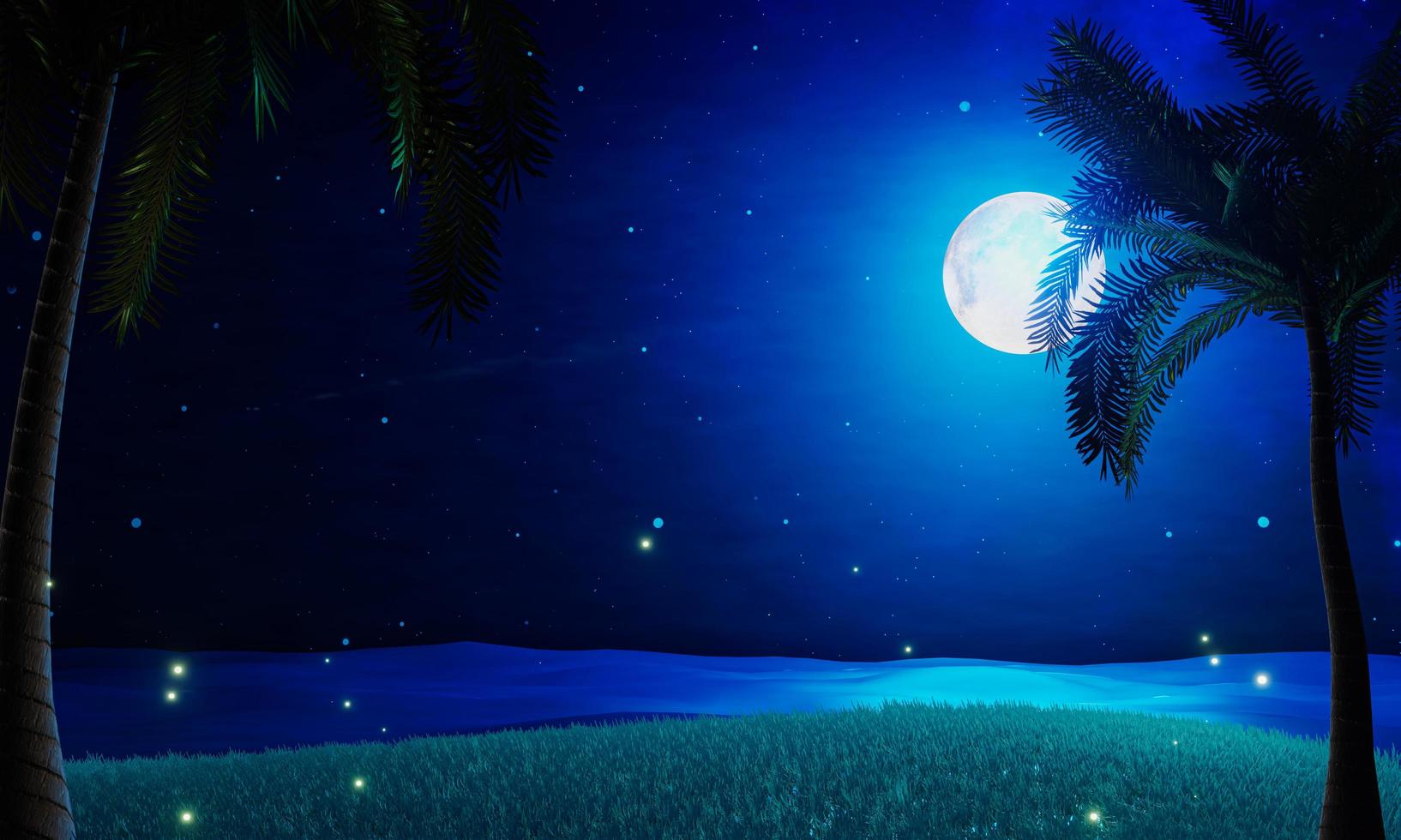 The blue full moon is reflected in the sea. A wave of water from the ocean to island. The sky has many stars. Ripples on the sea at night. there are coconut trees on the island. 3D Rendering photo