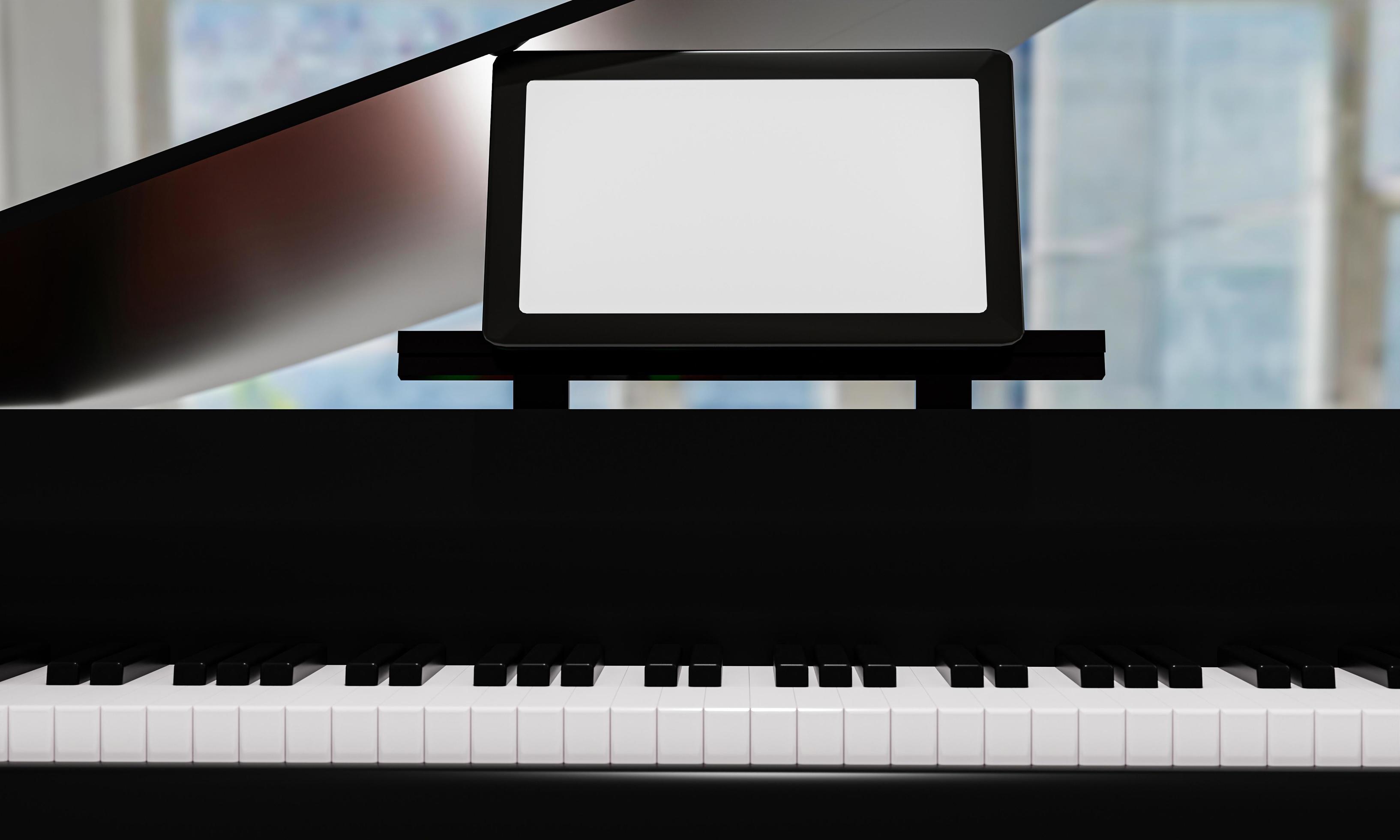 Learn piano online by yourself. Use a tablet or computer to learn piano  tutorials online. The black grand piano has a tablet placed on a notebook  stand. 3D Rendering. 6661781 Stock Photo