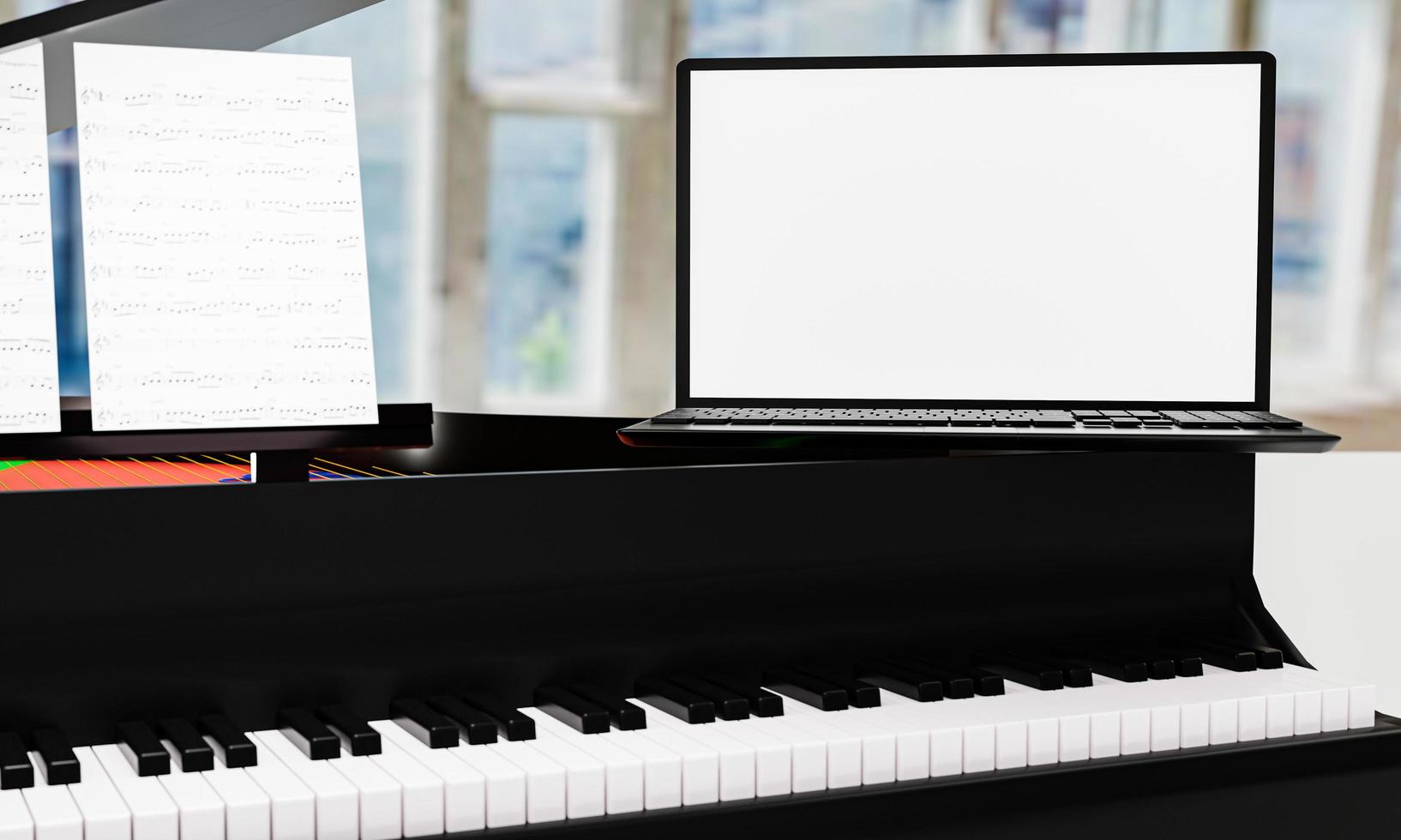 Aprende piano en línea por ti mismo. use una tableta o computadora para aprender tutoriales de piano en línea. el piano de cola negro tiene una tableta colocada en un soporte para computadora portátil. representación 3d foto