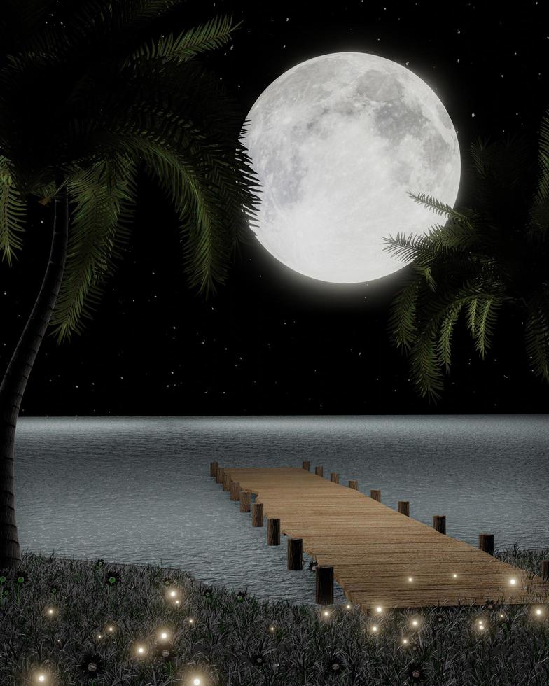 Full moon with stars in the sky. moonlight reflected on the water's surface or Sea and  Ocean. Fireflies on the grass, there are flowers on the field. romantic atmosphere of valentine. 3D Rendering photo