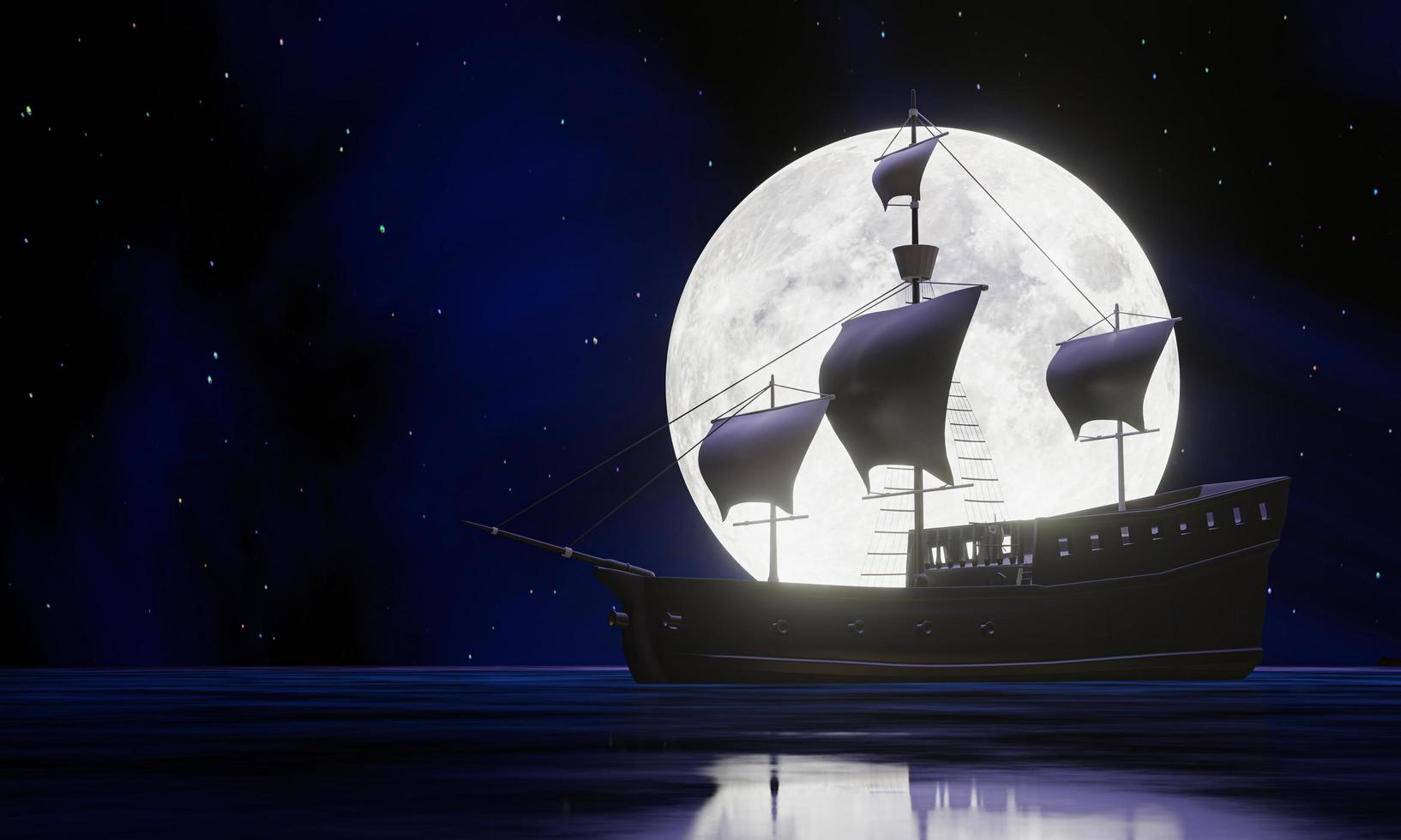 los barcos piratas encuentran un cofre del tesoro en el mar o el océano en la noche de luna llena. silueta o sombra de un velero que refleja la superficie del agua por la noche con estrellas en el cielo. representación 3d foto