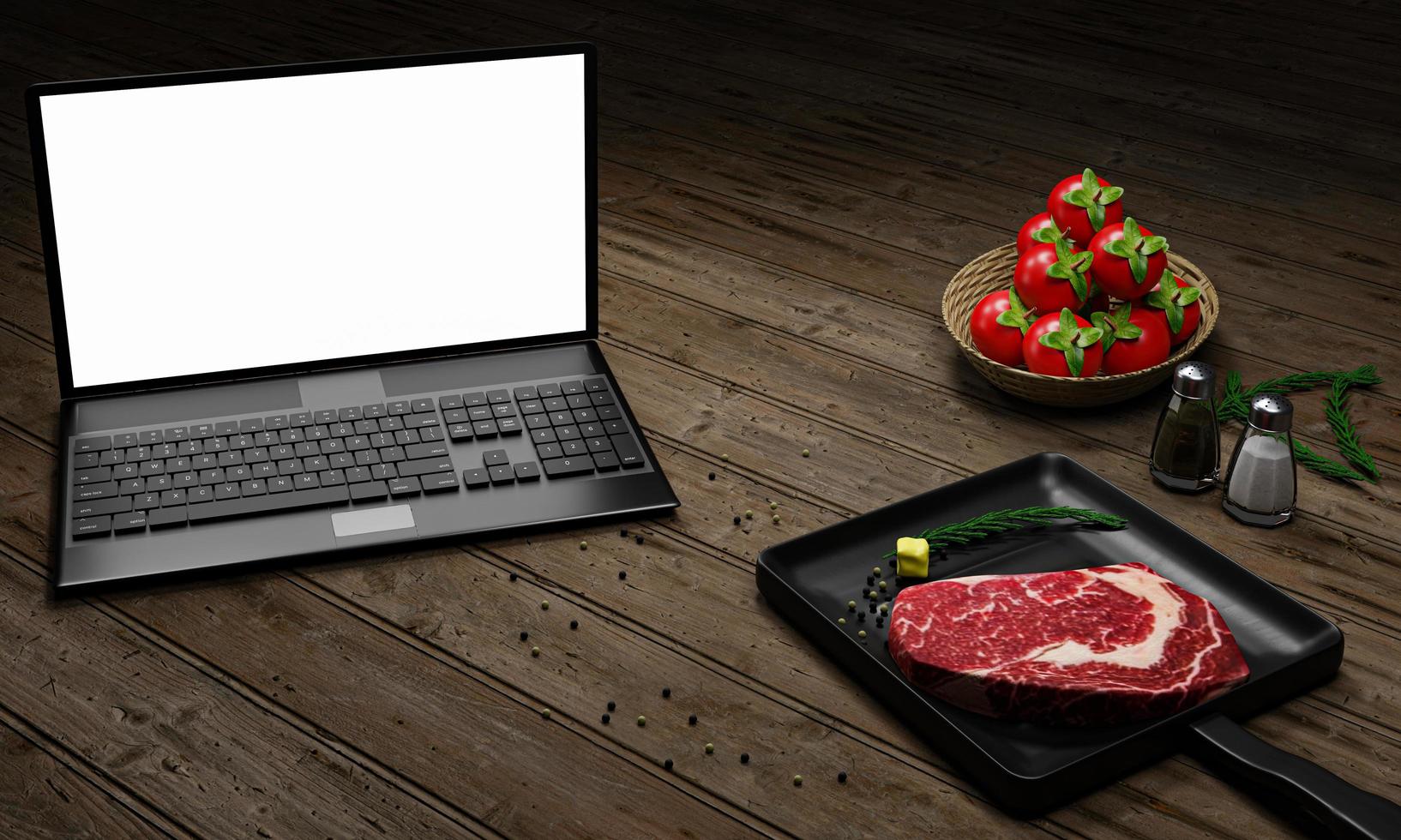 aprender a cocinar en línea. como cocinar comida y recetas de internet. carne para cocinar bistec en la sartén. hay mantequilla y pimienta. computadora o computadora portátil para estudiar en línea en la cocina. representación 3d foto