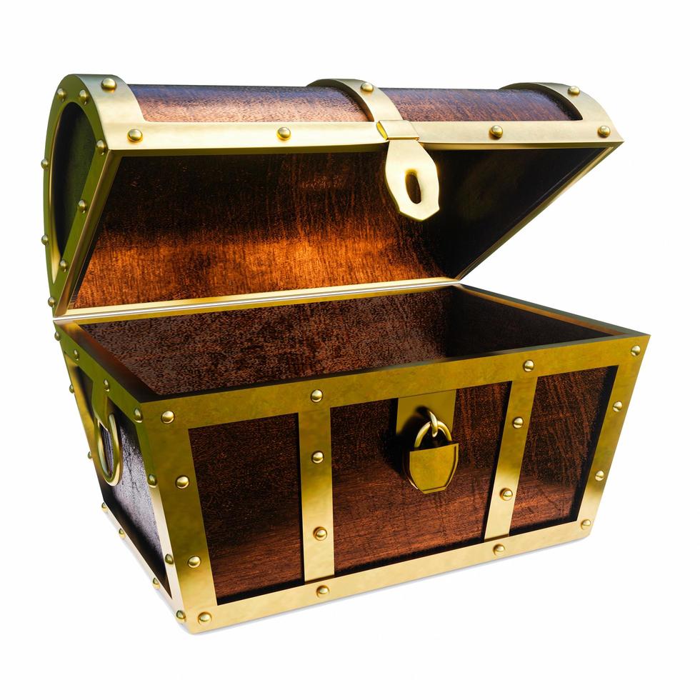 Treasure chest made of gold. Antique chest made of wood and metal, painted gold. Antique padlock locks the treasure chest. on a white background. 3D rendering photo