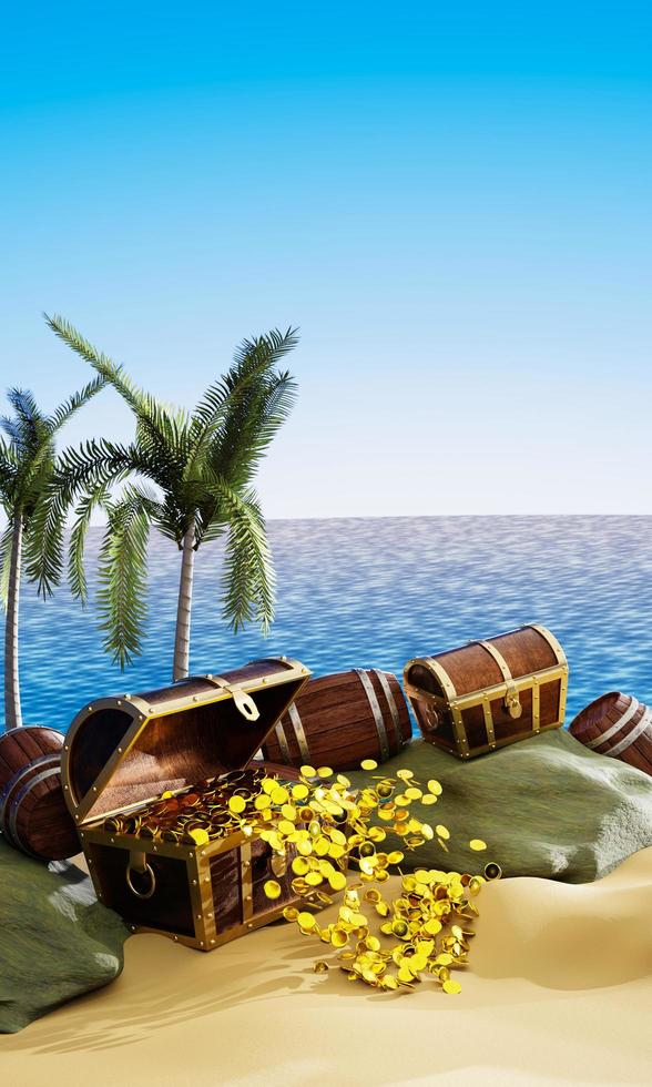 Gold coins are scattered from boxes or treasure chests. wooden treasure chest put on the beach at a deserted island in the theme of Pirate treasure. 3D rendering photo