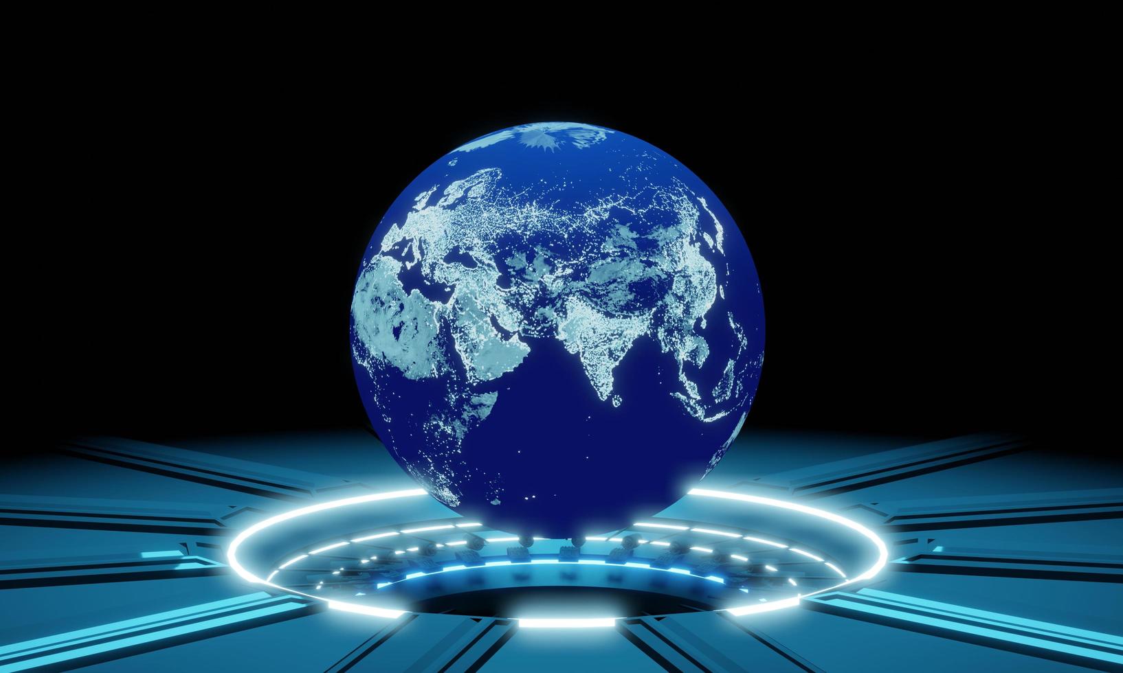 Glowing blue power charging dock, metal surface. Blue globe floating above the power charging dock. Science fiction Concept to add energy to the world. 3D Rendering photo