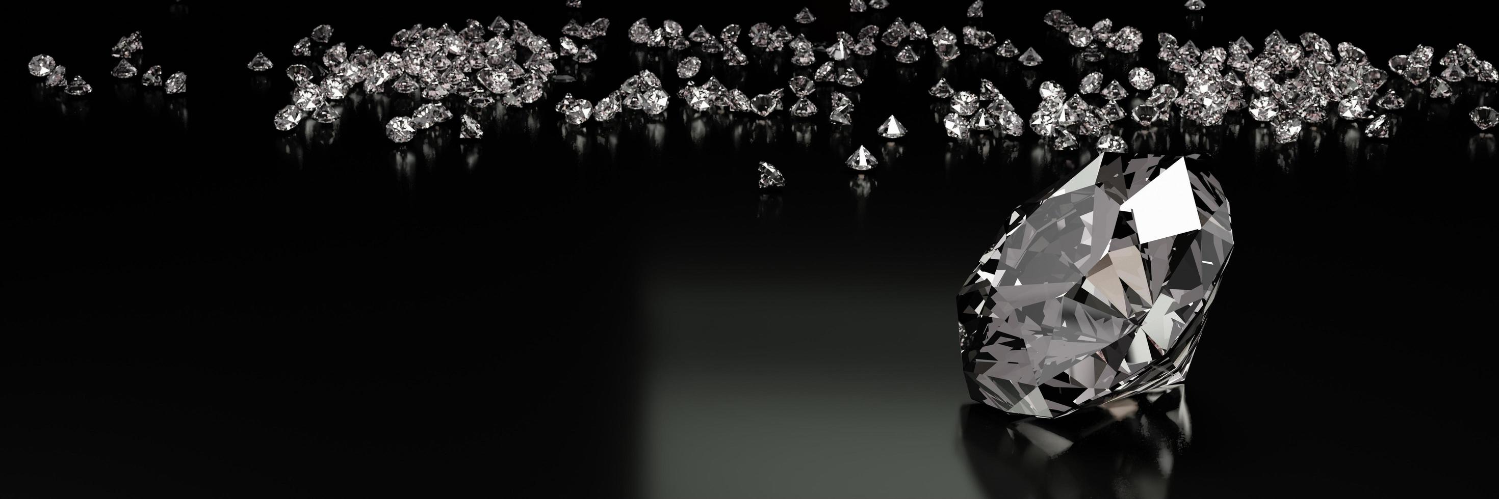 3D Rendering many size diamonds on a black surface with reflection. photo