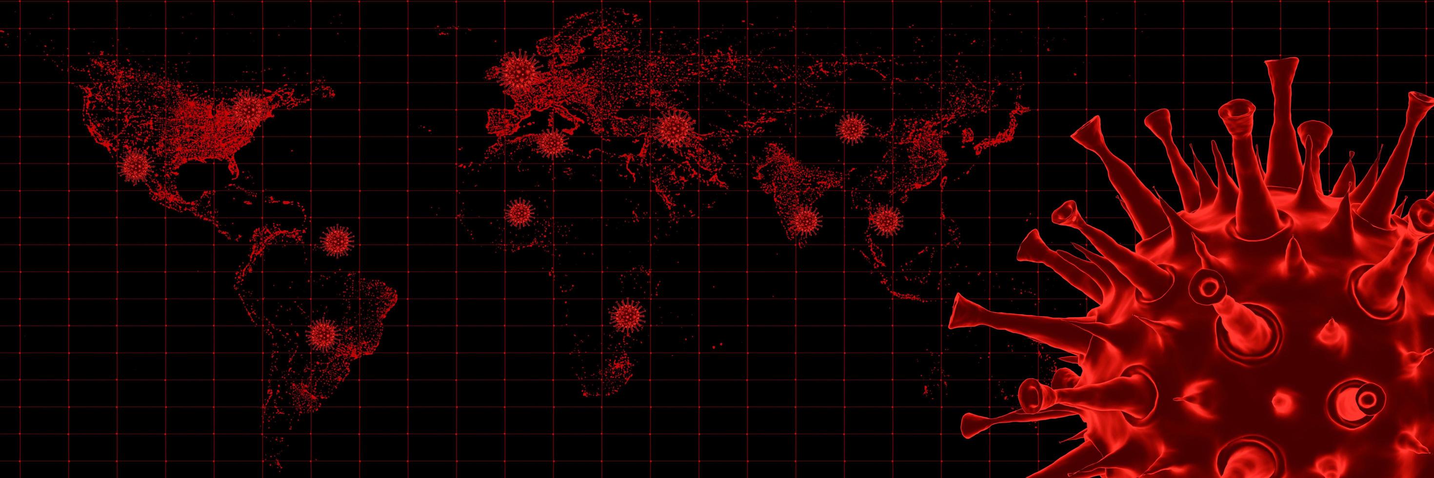 Coronavirus COVID-19 model in a worldwide epidemic. The red world map represents the danger of the spread of the virus. World maps and grids and dots show coordinates. 3D Rendering. photo