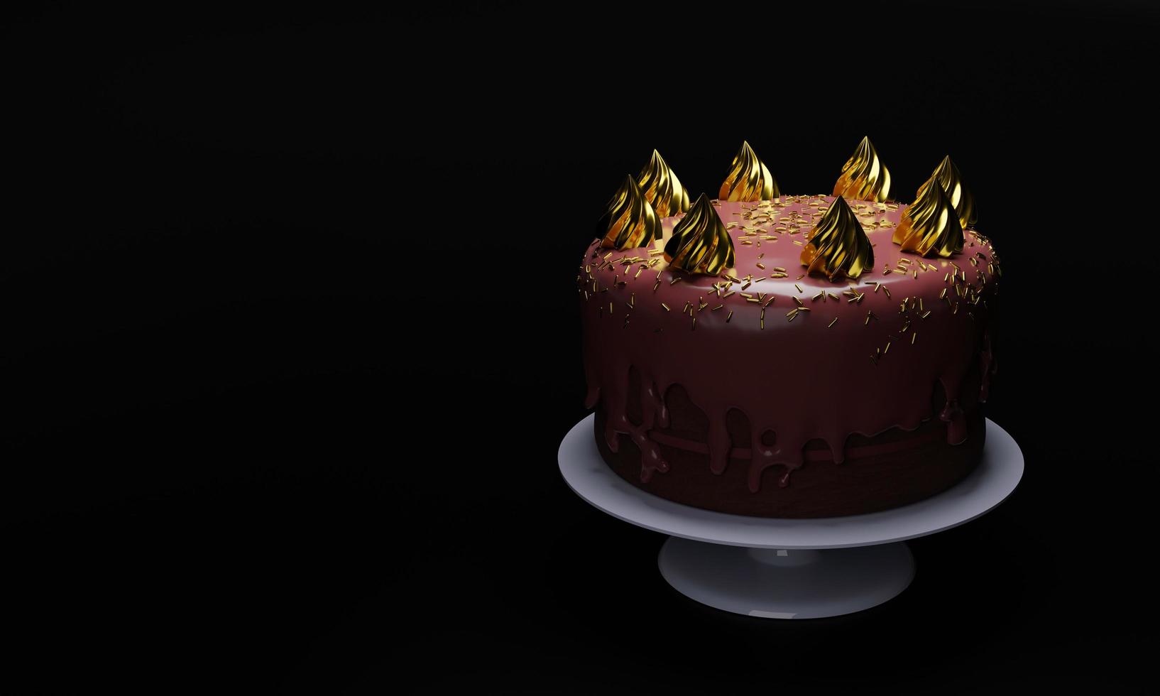 3 capas de pastel de chocolate suave cubierto con salsa de chocolate, decorado con crema batida dorada y espolvoreado de primavera dorada, coloque en una bandeja circular blanca sobre un fondo negro. representación 3d foto