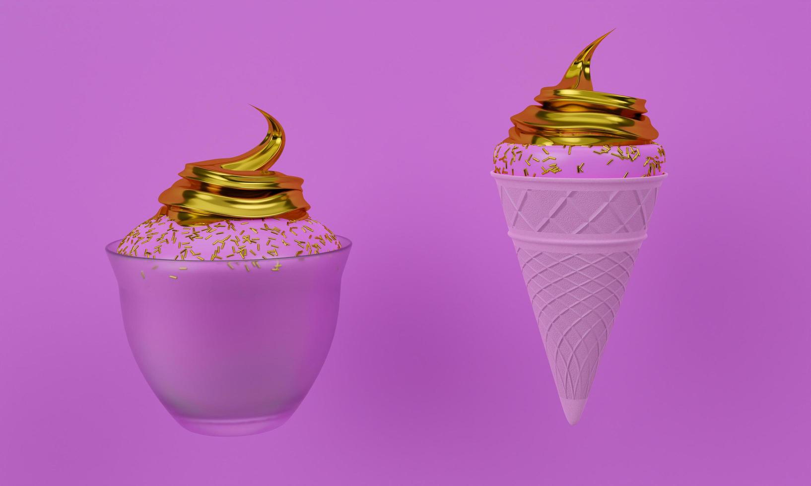 Pink ice cream cone. Crispy waffles and pink ice cream texture. Golden ice cream filling covered with golden sugar sprinkle dots. Ice cream on a pink background. 3D Rendering photo