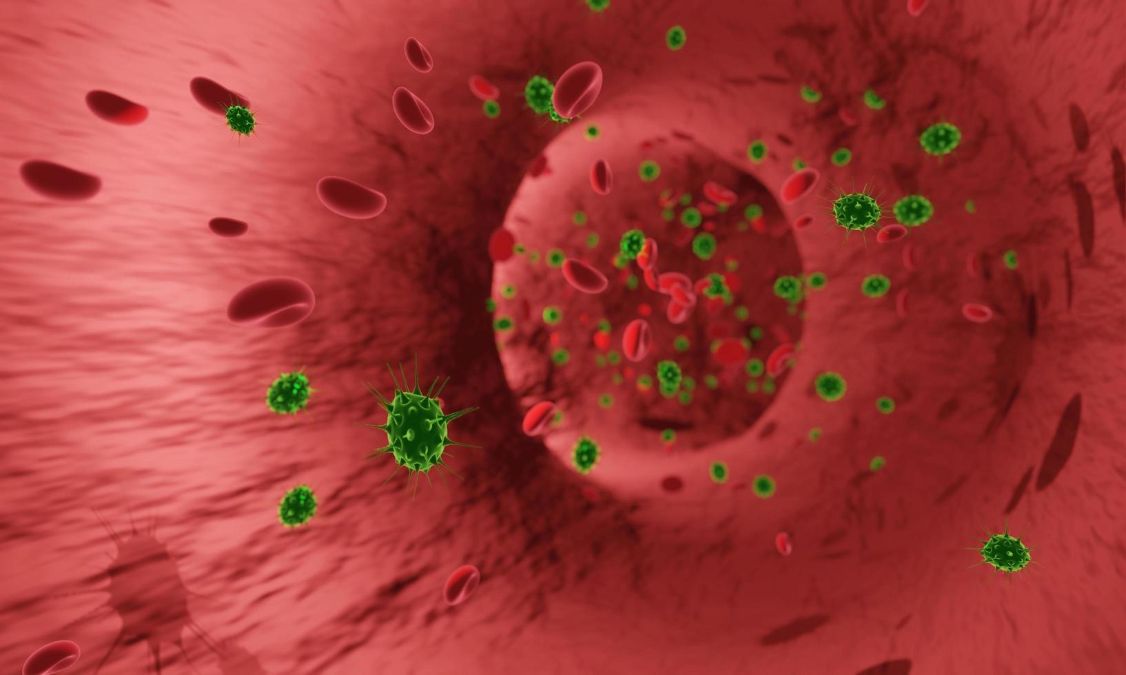 Mockup virus or bacteria  and Red blood cells in an artery or  blood vessel , flow inside body, medical human health-care. Corona virus crisis from Wohan China. 3D Rendering. photo