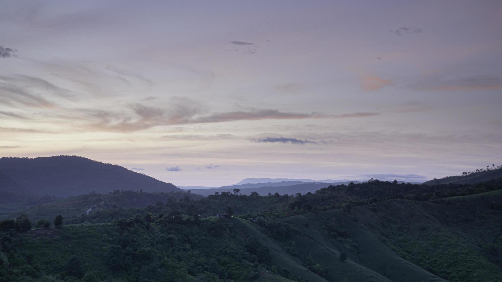 Intricate mountain scenery in the morning when the sun is rising. The wind blows trees and grass. Blown by the wind. Nature on the mountain in the morning. Fresh air. photo