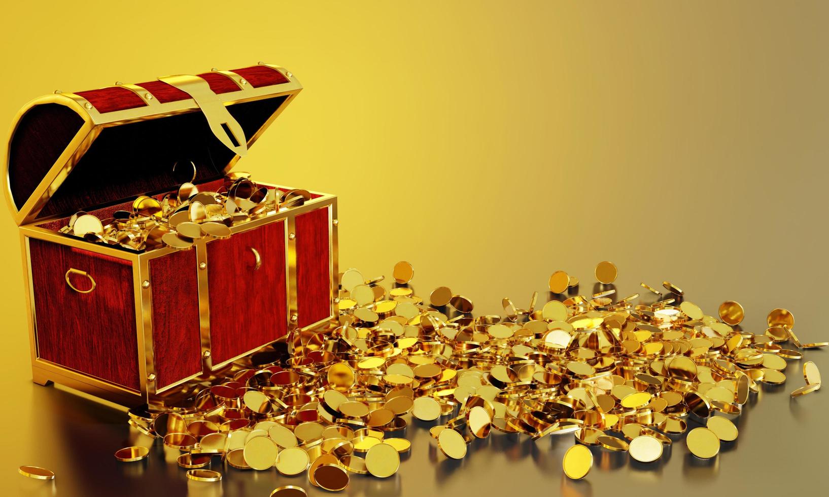 Many distribute gold coins flew from the treasure chest. A treasure chest made of gold, luxurious, expensive. An ancient treasure box opened with gold coins ejected. 3D Rendering. photo