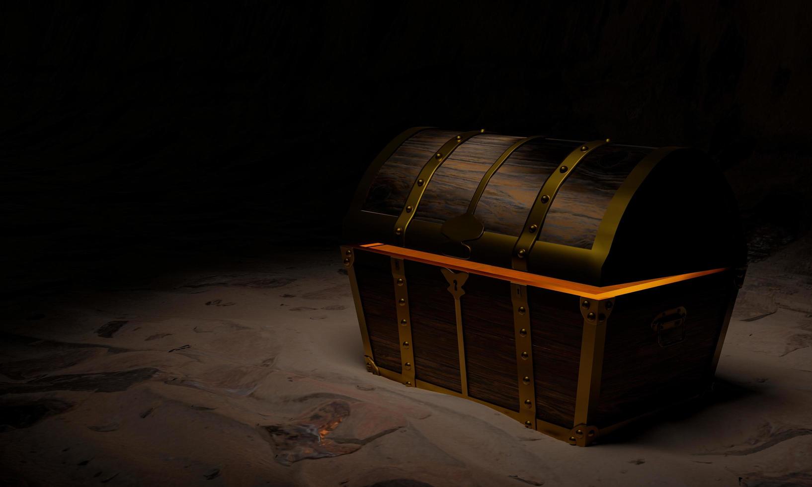 Ancient and vintage treasure chest made of wooden panels Reinforced with gold metal and gold pins Treasure boxes placed on the sand in a cave or treasure chest underwater. 3d Rendering photo