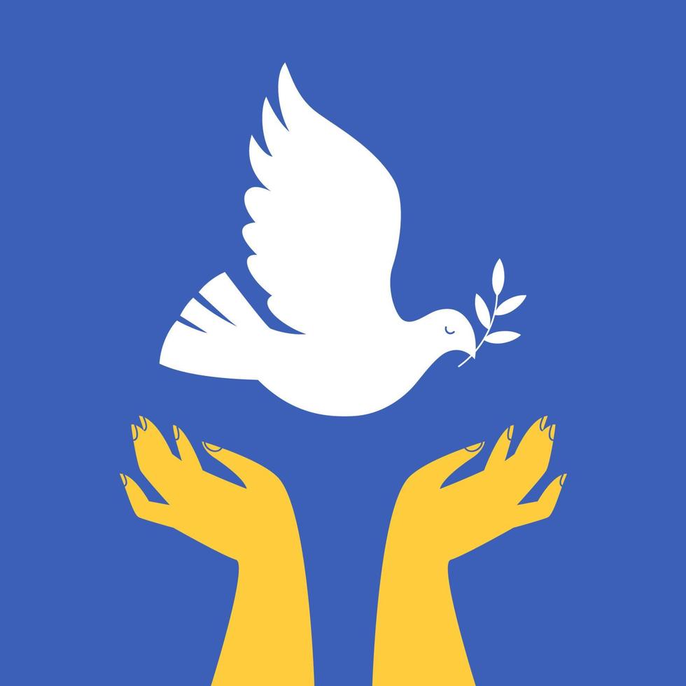 Support for Ukraine poster. Hands release white dove with olive branch. Flat vector illustration