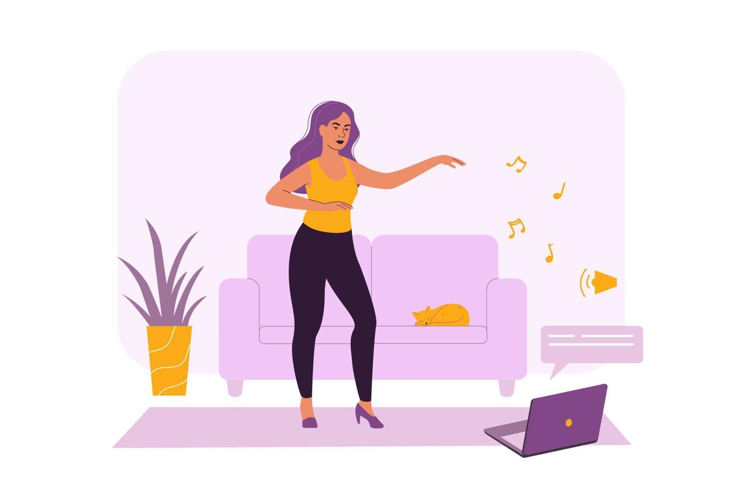 las niñas aprenden a bailar con lecciones en video en una computadora portátil en casa. concepto de actividad en el hogar. ilustración para el sitio web del curso en línea. ilustración vectorial en un estilo de caricatura plana. vector