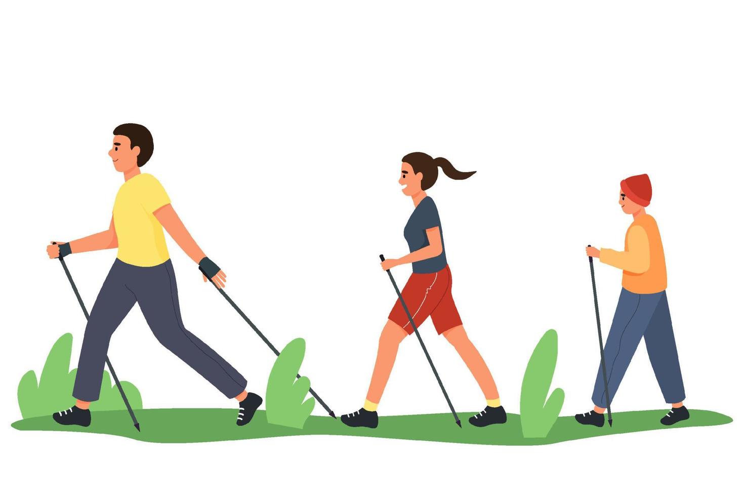 A sporty and active family with a child walks with sticks in their hands on the grass. Vector illustration in a flat style in white isolated background.