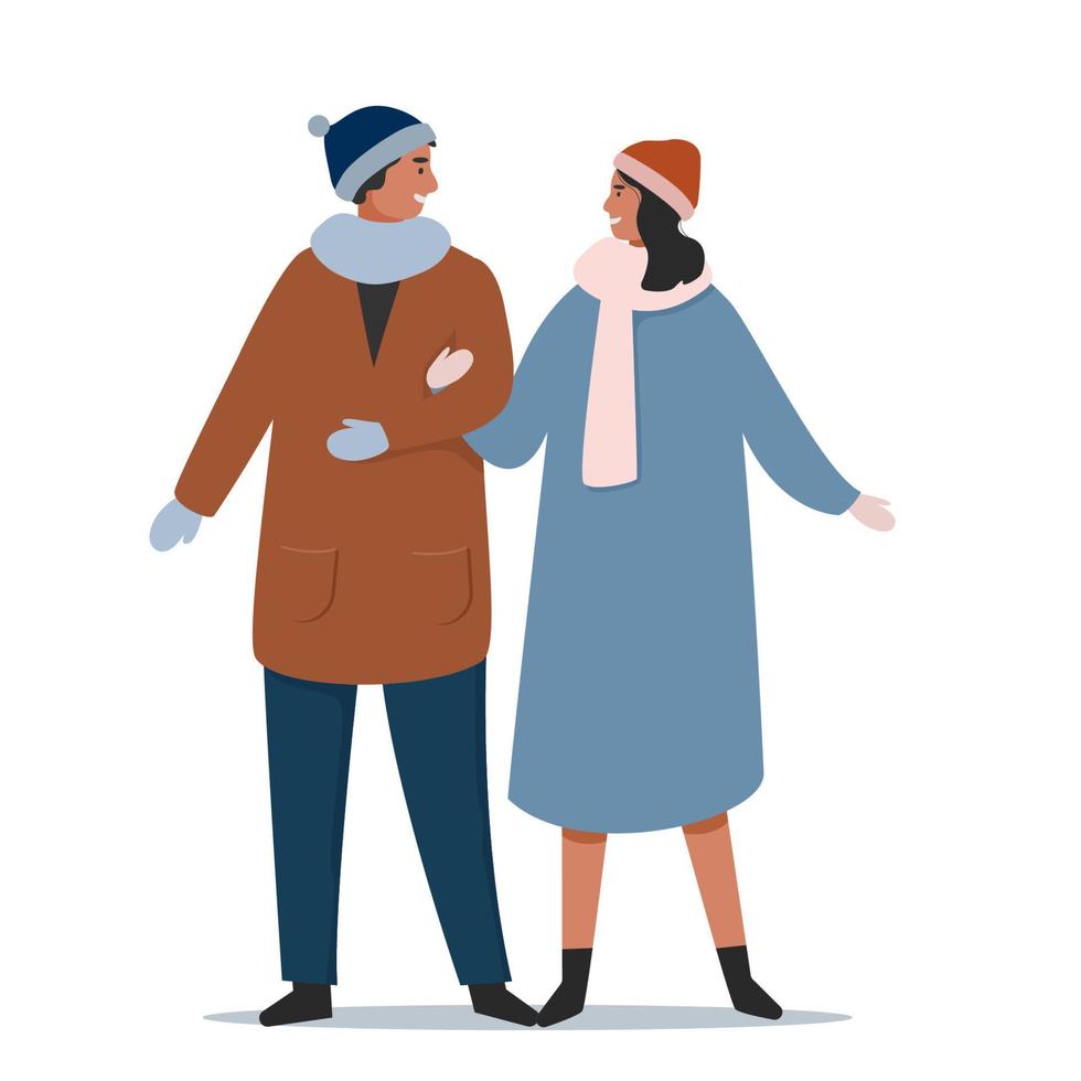 A happy man and a woman in winter clothes look at each other and hold hands white isolated background. Flat vector cartoon illustration