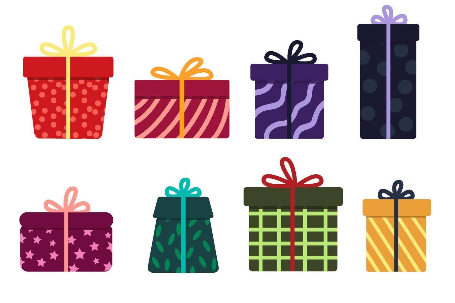 A set of bright gifts or boxes with patterns on a white isolated background. Flat vector illustration.