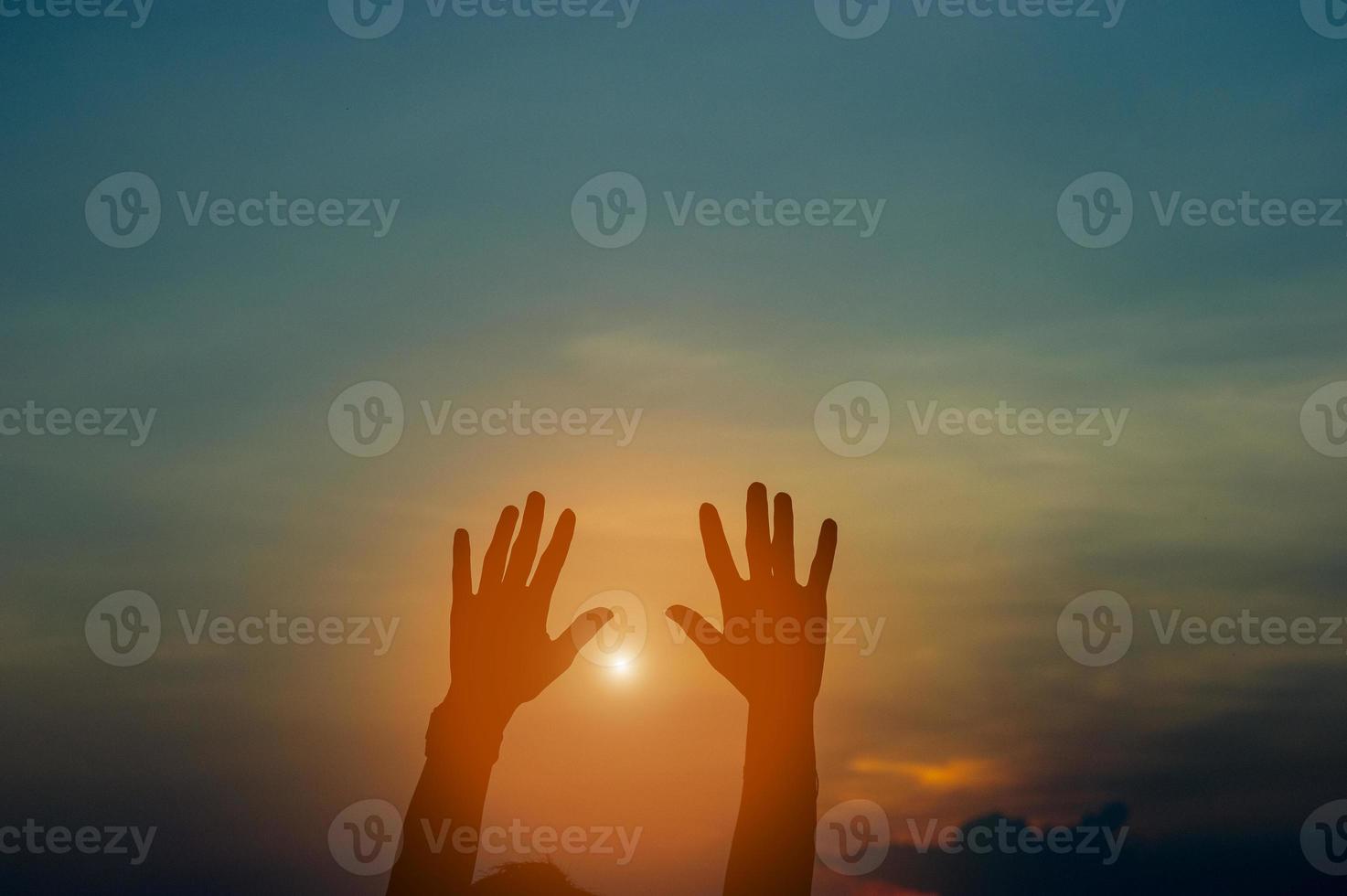 Hand and shadow in the corner. sunset And there is show of love.  silhouette concept With copy space photo