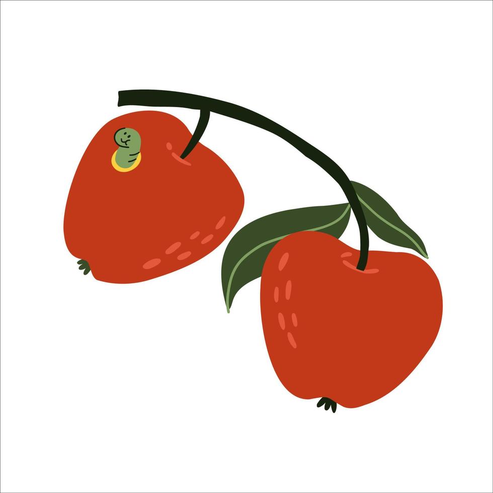flat apple on a branch hand drawn. vector illustration isolated on white